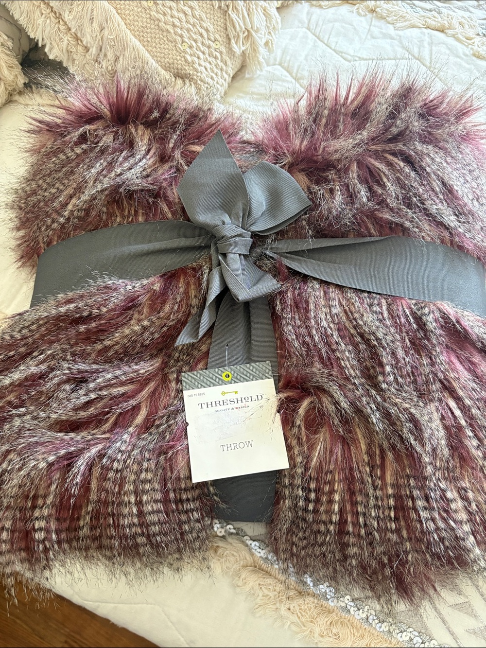 Threshold Faux Fur Throw - Burgundy and Gray Mix
